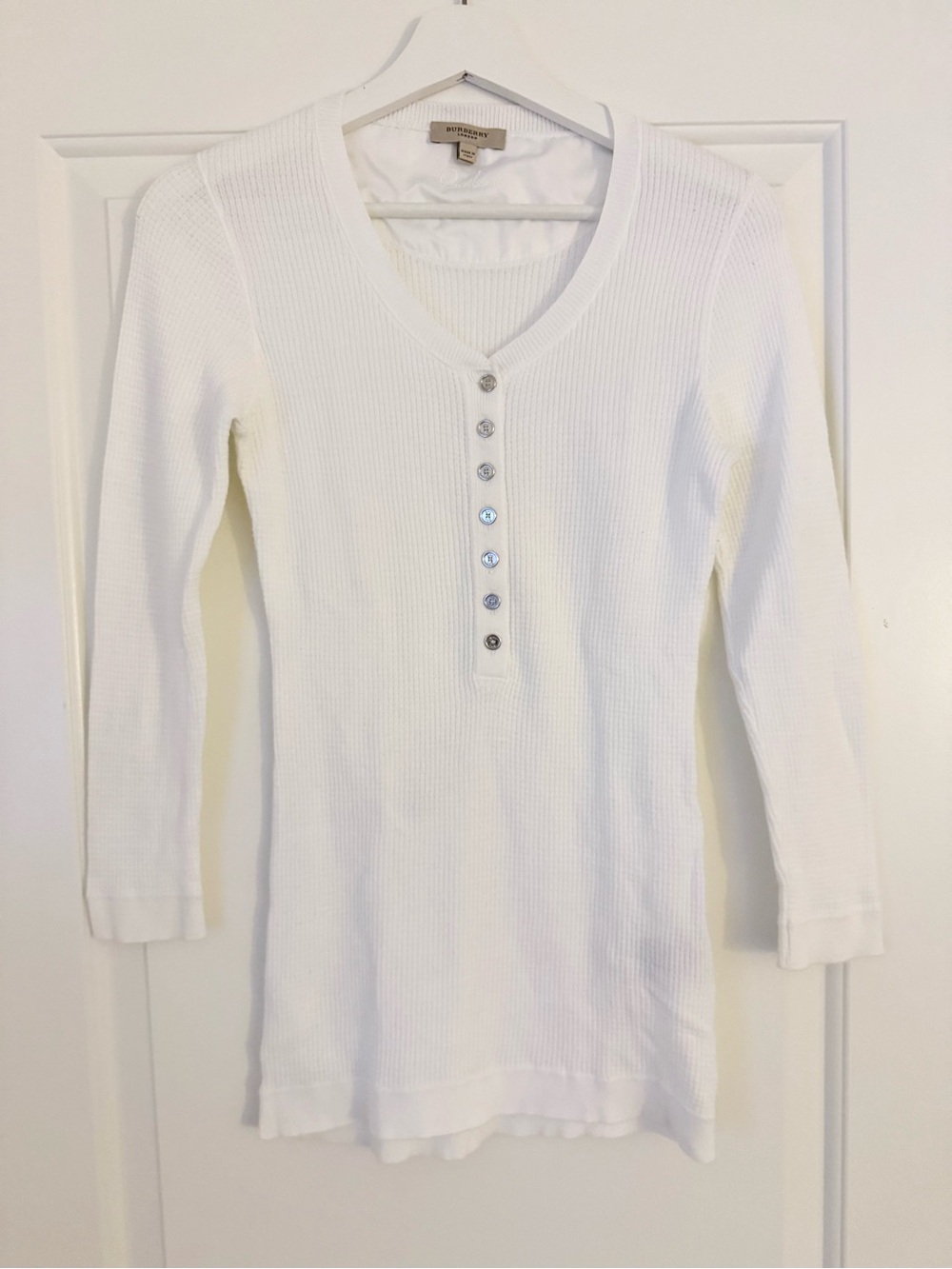 Burberry London White Waffle Knit Henley Top Large Made in Italy 100% Cotton